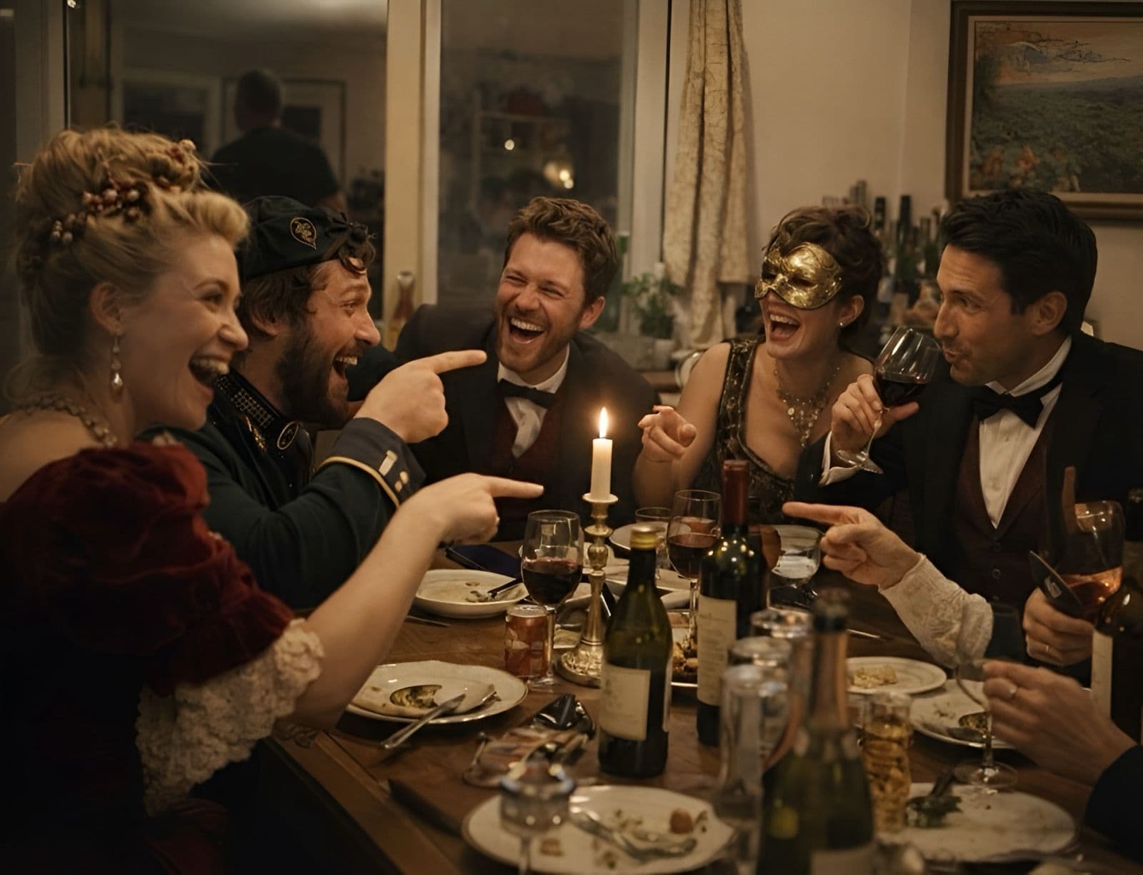 Friends at a murder mystery dinner party